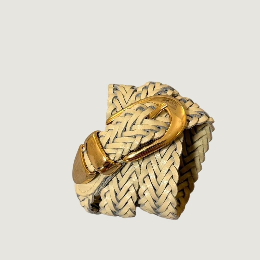Vintage Women's Cream Braided Leather Belt Gold Hardware Woven M/L RN79124